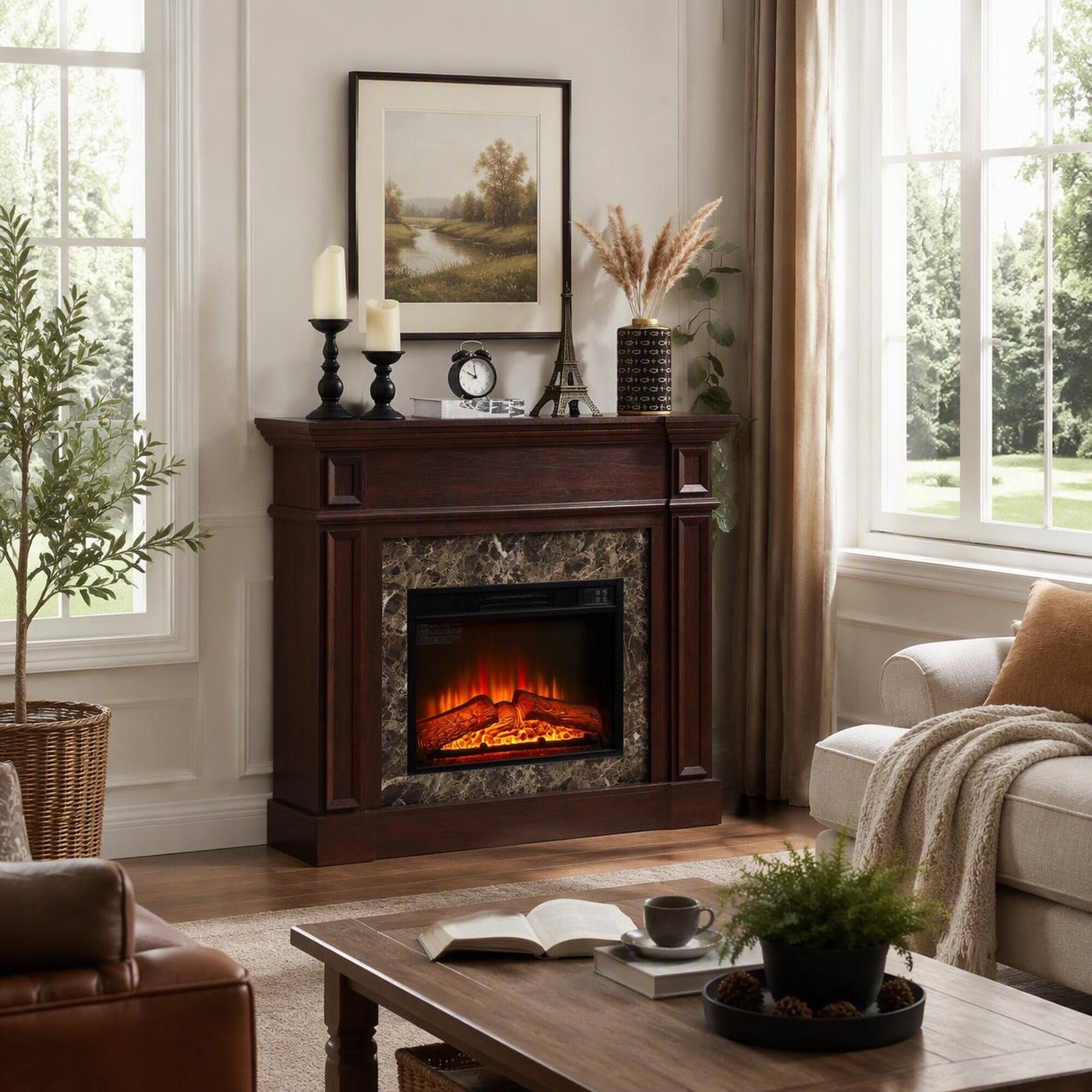 Angle. RYHNUYNE - Cherry Finished Electric Fireplace with Mantel, Freestanding 1400W Heater with Realistic Stacked Stone Surround - Cherry.