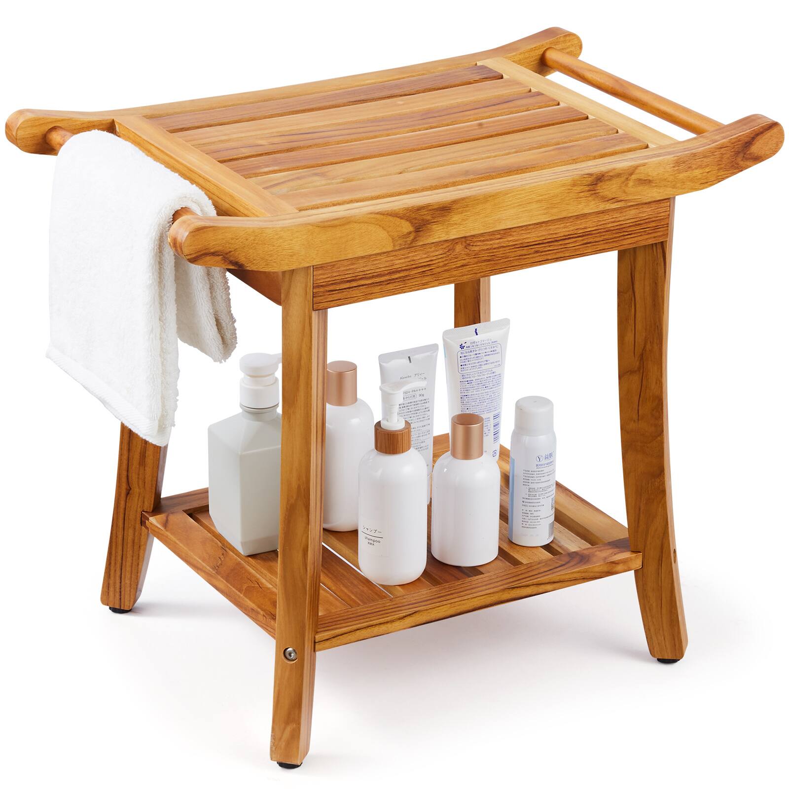 Front. VEVOR - Teak Shower Bench, 22 x 14.4 x 18.5 in, Waterproof Wood Shower Stool with Storage Shelf Handle Non-Slip Feet - Wood.