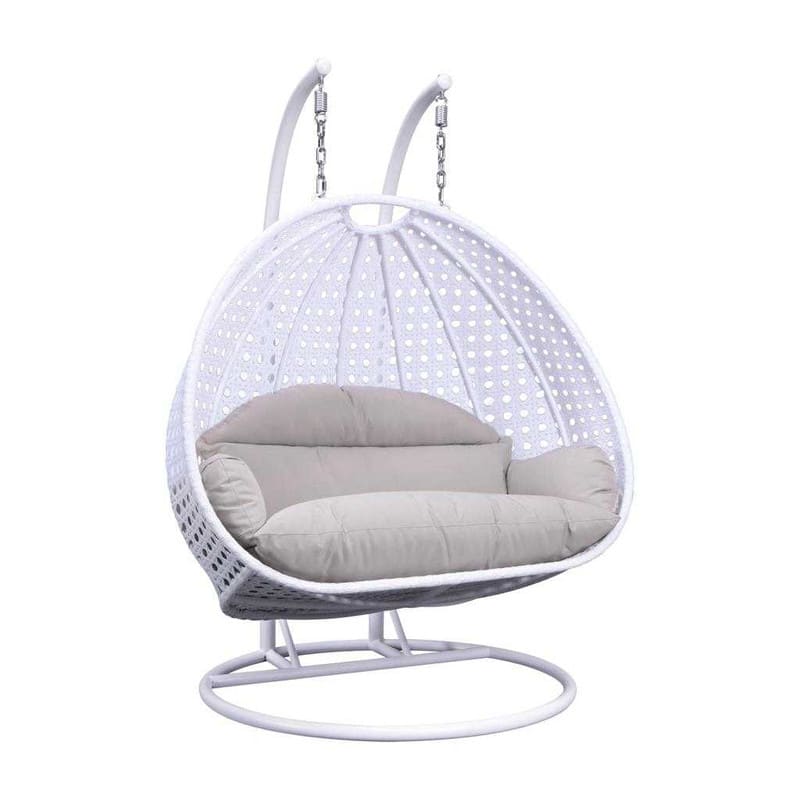 LeisureMod - Modern 2-Person Outdoor Egg Swing White Wicker Chair with Stand, Plush Washable Cushions & Waterproof Cover - White / Taupe