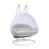 Front. LeisureMod - Leisuremod Modern 2-Person Outdoor Egg Swing White Wicker Chair with Stand, Plush Washable Cushions & Waterproof Cover - White / Taupe.