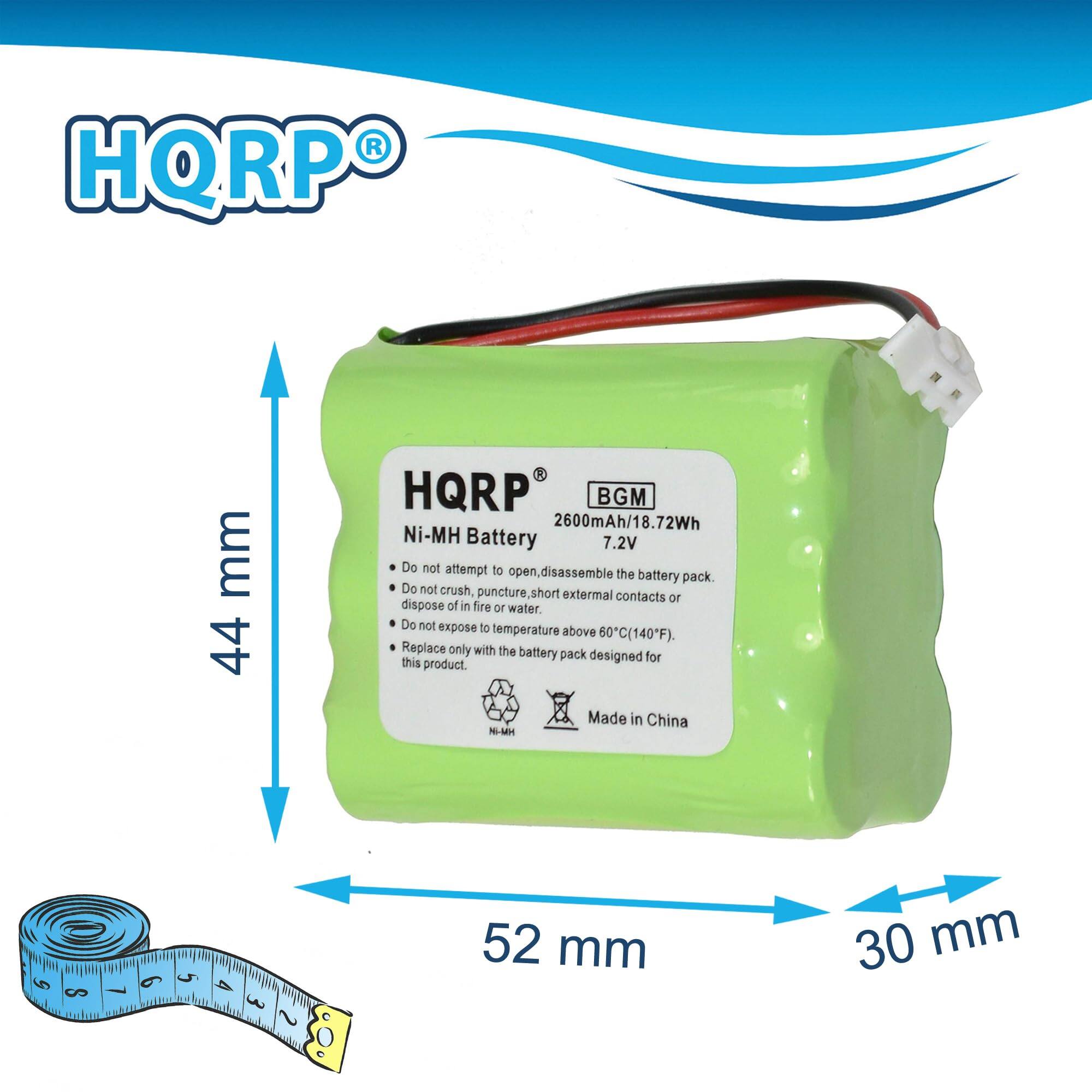 HQRP BGM 2600mAh/18.72Wh Ni-MH Battery 7.2V

Do not attempt to disassemble the battery pack. Do not crush, puncture, short external contacts or dispose of in fire or water. Do not expose to temperature above 50°C (140°F). Replace only with the battery pack designed for this product.

Made in China

Dimensions:
- Height: 44 mm
- Width: 52 mm
- Depth: 30 mm