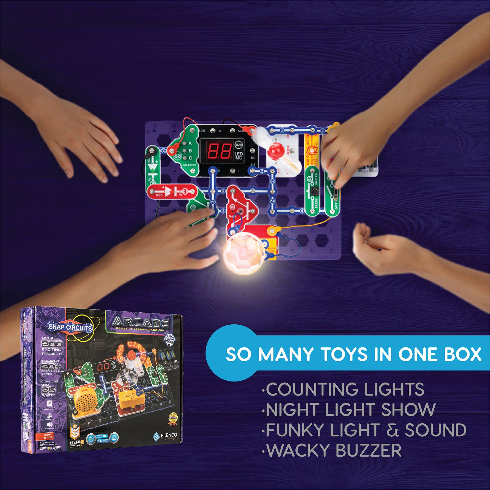 The text on the image is grouped and corrected as follows:

"So many toys in one box: Counting Lights, Night Light Show, Funky Light & Sound, Wacky Buzzer."