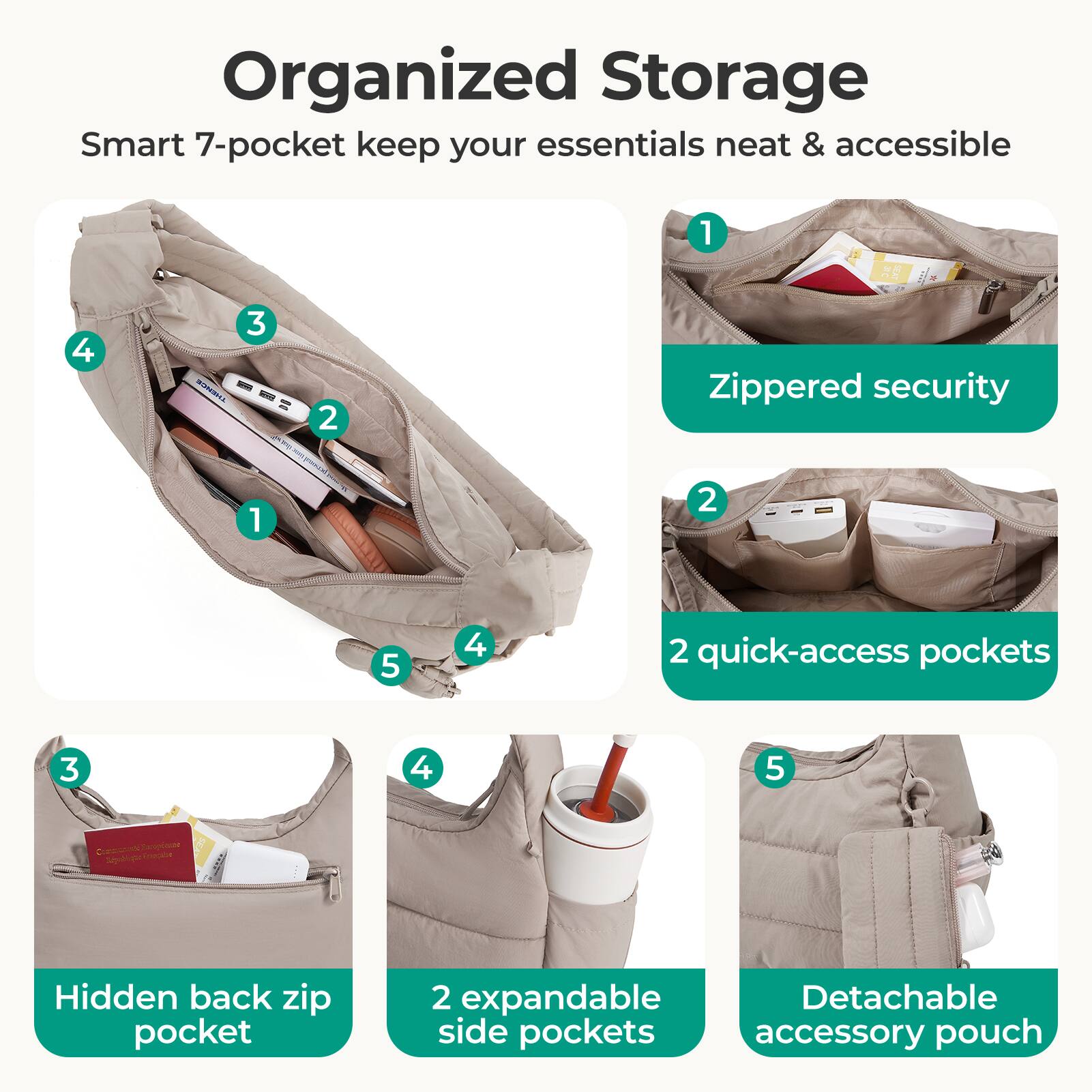 Organized Storage  
Smart 7-pocket keep your essentials neat & accessible

1. Zippered security
2. 2 quick-access pockets
3. Hidden back zip pocket
4. 2 expandable side pockets
5. Detachable accessory pouch