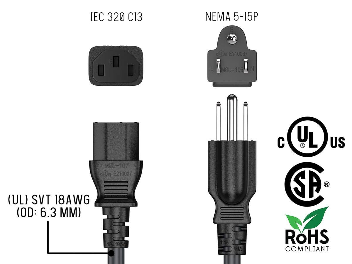 IEC 320 C13  
NEMA 5-15P  
E cUDus E210037  
MSL-105  
105 N  
MSL-107  
oQus E210037  
(UL) SVT 18AWG (OD: 6.3 MM)  
10A 125V  
UL  
US  
SA  
ROHS COMPLIANT