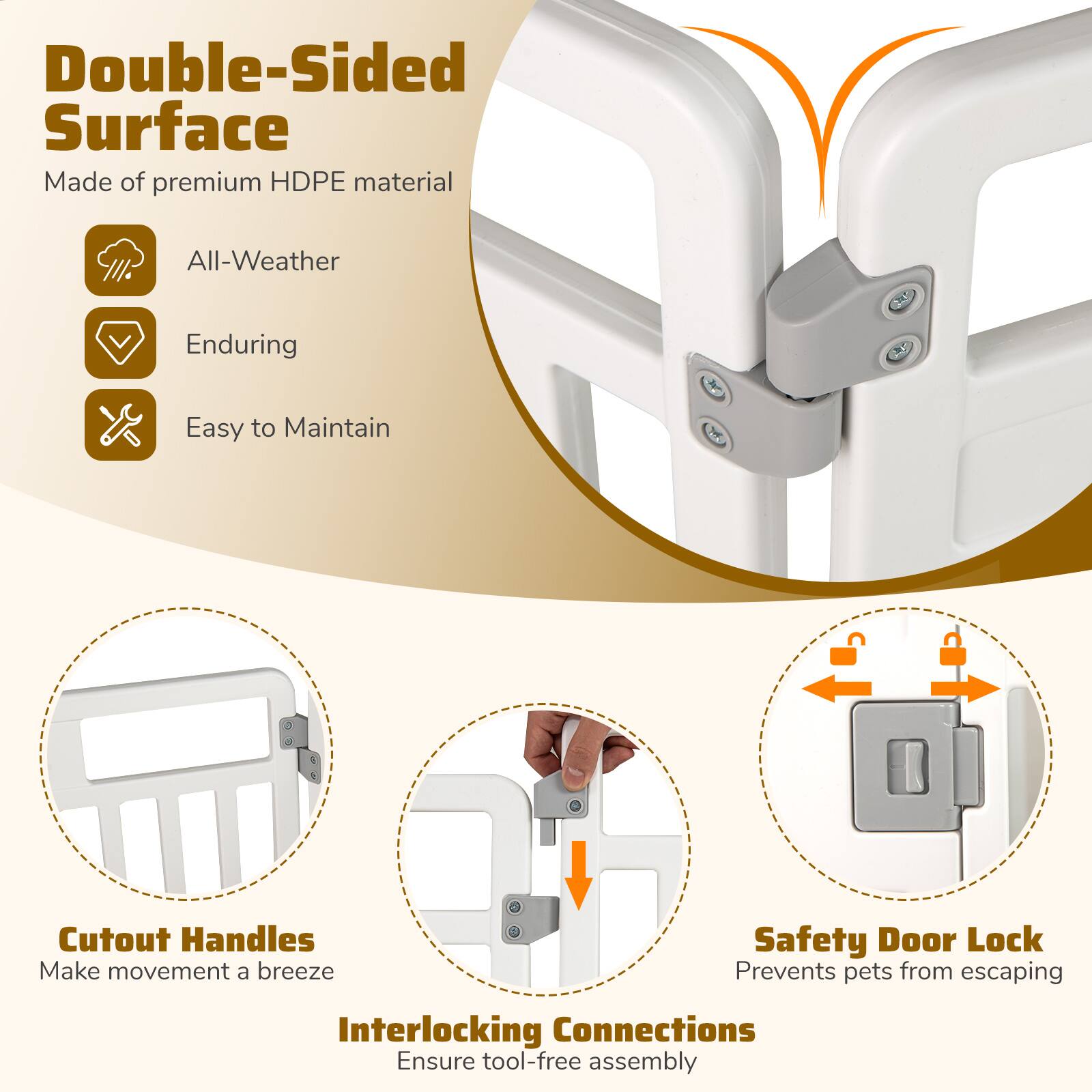 Double-Sided Surface  
Made of premium HDPE material  

- All-Weather  
- Enduring  
- Easy to Maintain  

Cutout Handles  
Make movement a breeze  

Interlocking Connections  
Ensure tool-free assembly  

Safety Door Lock  
Prevents pets from escaping