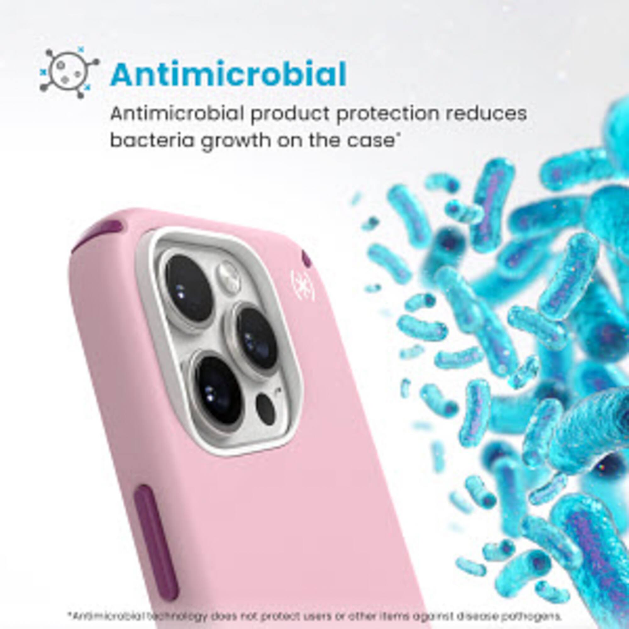 Antimicrobial product protection reduces bacteria growth on the case. However, it does not protect users or other items against pathogens.