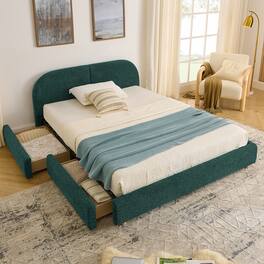 Anysun - Queen Minimalist Upholstered Bed Frame - Circle Yarn Fabric, Curved Headboard, Wheeled Drawer Storage - Green