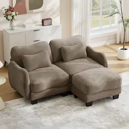 Loheer - Chenille L-Shaped Loveseat Sofa with Ottoman, Ergonomic Curve Design & Waist Pillow, Coffee - Coffee