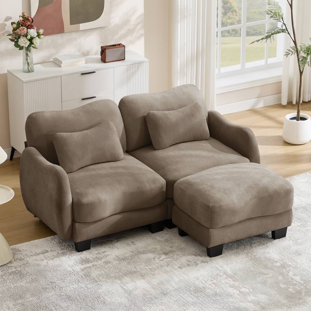 Loheer - Chenille L-Shaped Loveseat Sofa with Ottoman, Ergonomic Curve Design & Waist Pillow, Coffee - Coffee