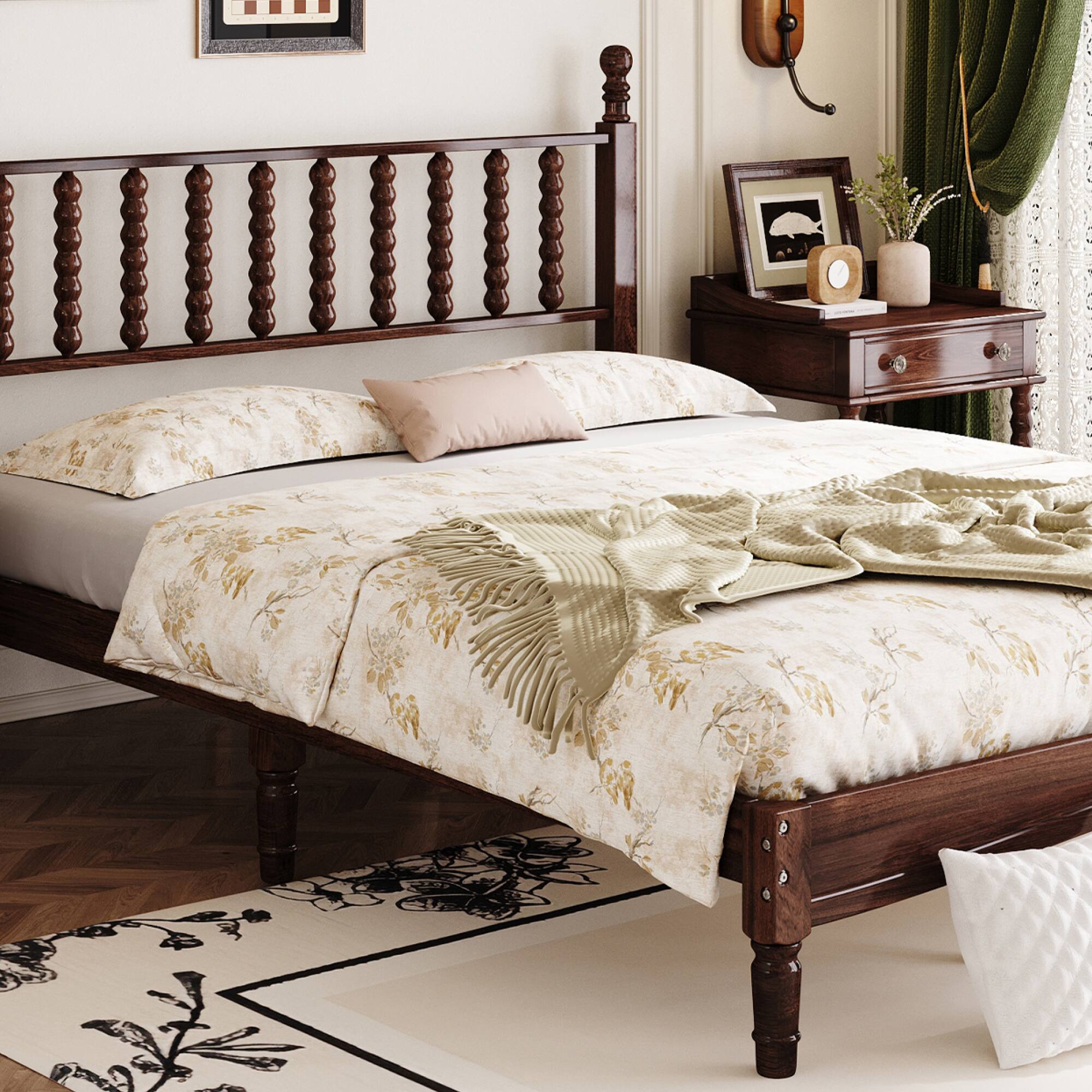 Alt View 9. GOODSILO - Queen Size Retro Wood Platform Bed with Gourd Shaped Headboard and Wooden Slat Support - Walnut.