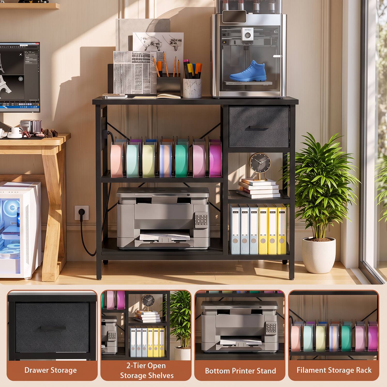Drawer Storage 2-Tier Open Storage Shelves Bottom Printer Stand Filament Storage Rack