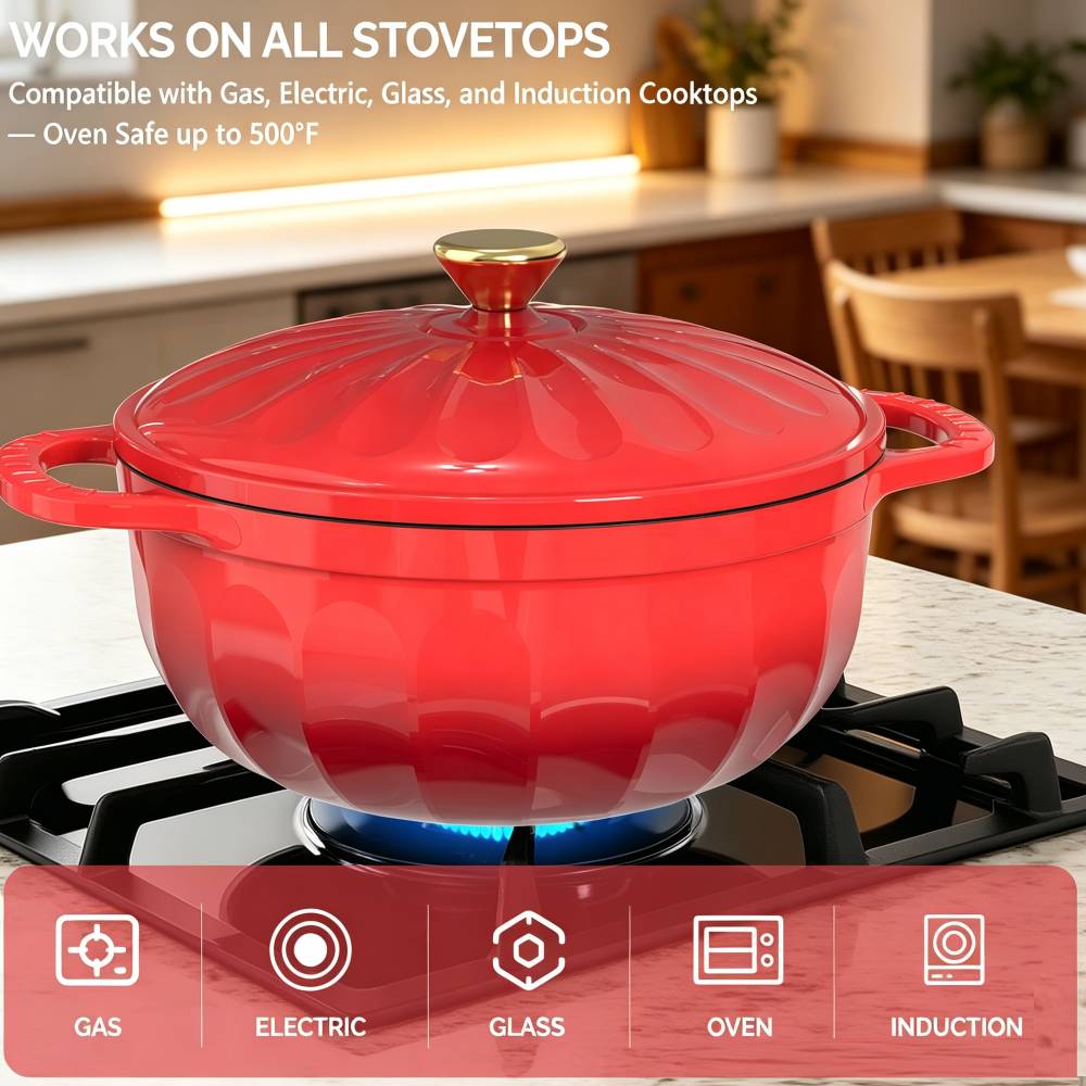 WORKS ON ALL STOVETOPS  
Compatible with Gas, Electric, Glass, and Induction Cooktops  
— Oven Safe up to 500°F  

GAS  
ELECTRIC  
GLASS  
OVEN  
INDUCTION