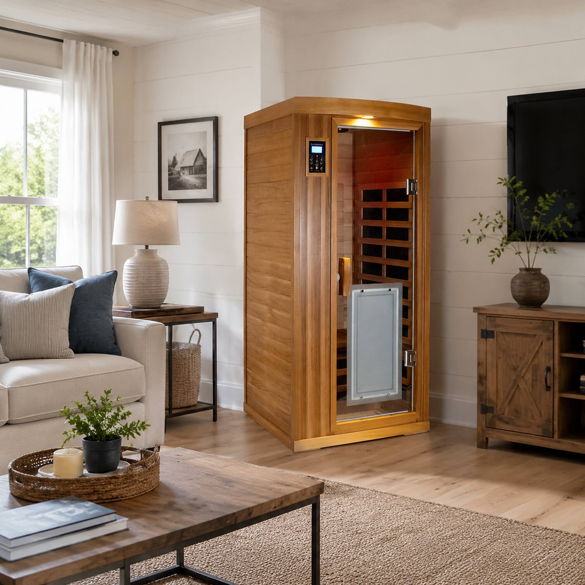 Alt View 1. RYHNUYNE - One Person Far Infrared Sauna, Red Cedar Indoor Room, Low EMF, 8 Heating Panels, 1450W - Bean paste red.