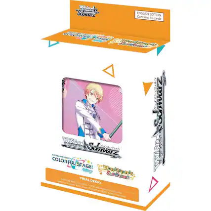 oumirz ENGLISH EDITION Contains 50 cards COLORFUL STAGE
Ut I0 410 OORS ASchwarz Sd Wei
HRTSUNE mIu ASchmarz WeiB COLORFUL STAGE!
Wondelan's Showtime Sto
HATSUNE TRIAL Conteins 50 Cards MIK.
COLORFUL DECK+ Rules Sheet.
STAGE! Playmat, Wonden WonderlandsxShowtime and Deck Manual included