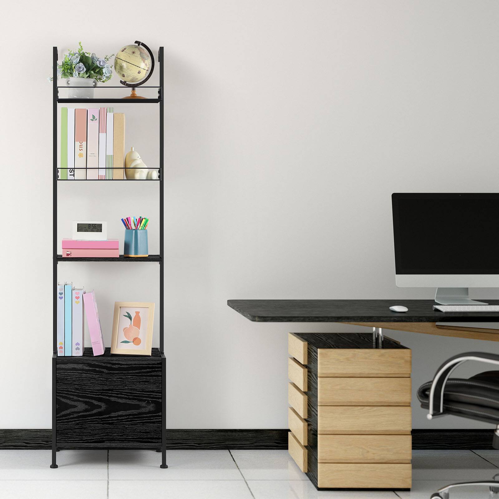 Alt View 1. Oumilen - 4-Tier Ladder Style Storage Shelf with Lockable Cabinet, Matte Black Metal Frame Dark Ash Wood Grain Display Rack - Black.