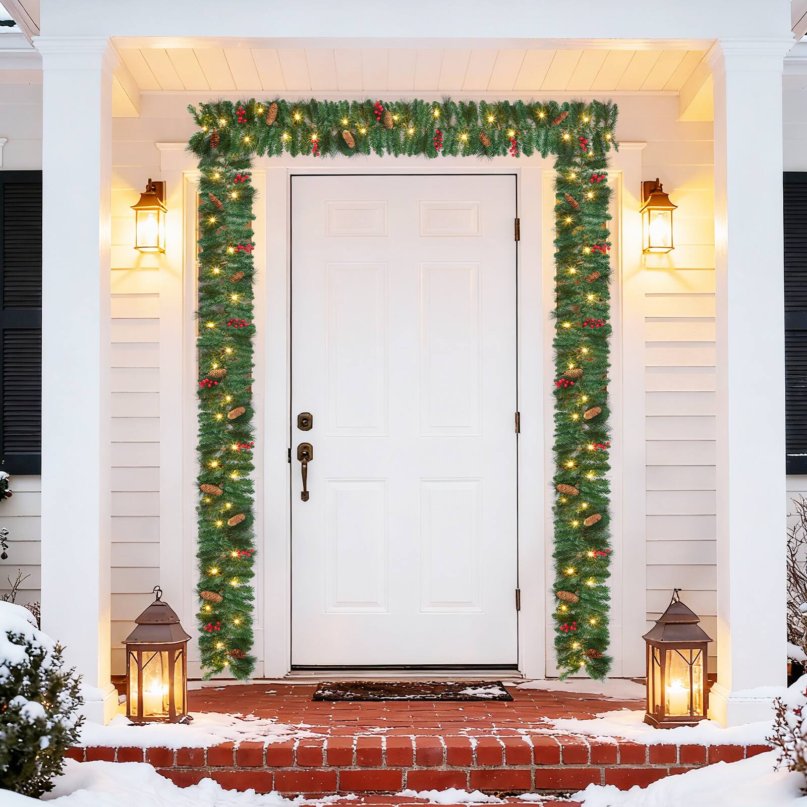 Angle. Acekool - 6ft Pre-Lit Pine Christmas Garland with 20 Warm White LED Lights 8 Lighting Modes for Door Fireplace Stair Window - Green.