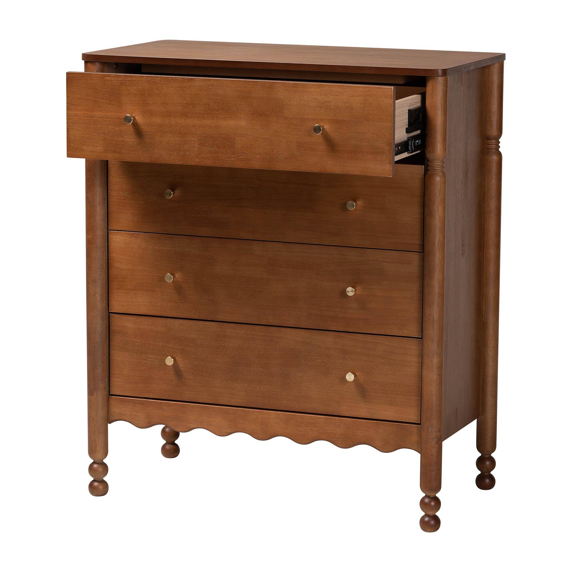 Left. Baxton Studio - Hoffman Chest - 4-Drawer Vertical Storage Cabinet with Scalloped Apron and Turned Legs for Bedroom - Walnut Brown.