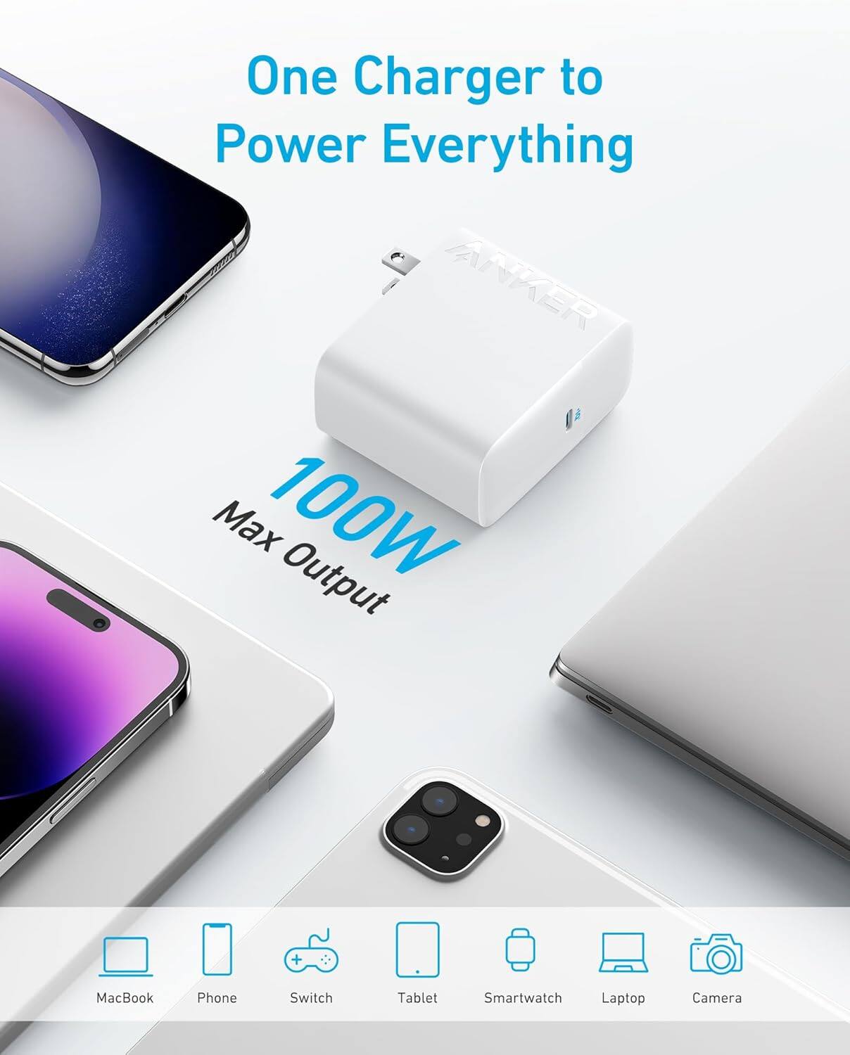 One Charger to Power Everything

ANKER Max 100W Output

MacBook, Phone, Switch, Tablet, Smartwatch, Laptop, Camera