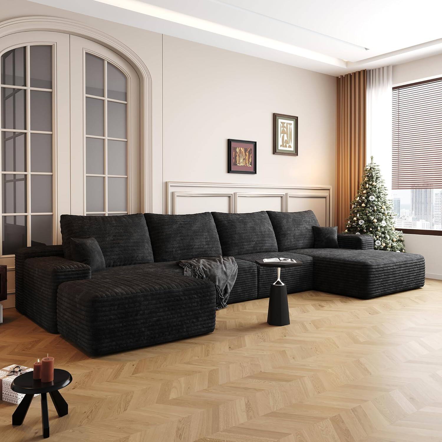 Alt View 5. Trinkets Crazed - 135"Boneless Couch Sectional Cloud Sofa Corduroy Left Facing Chaise with Ottoman - black.