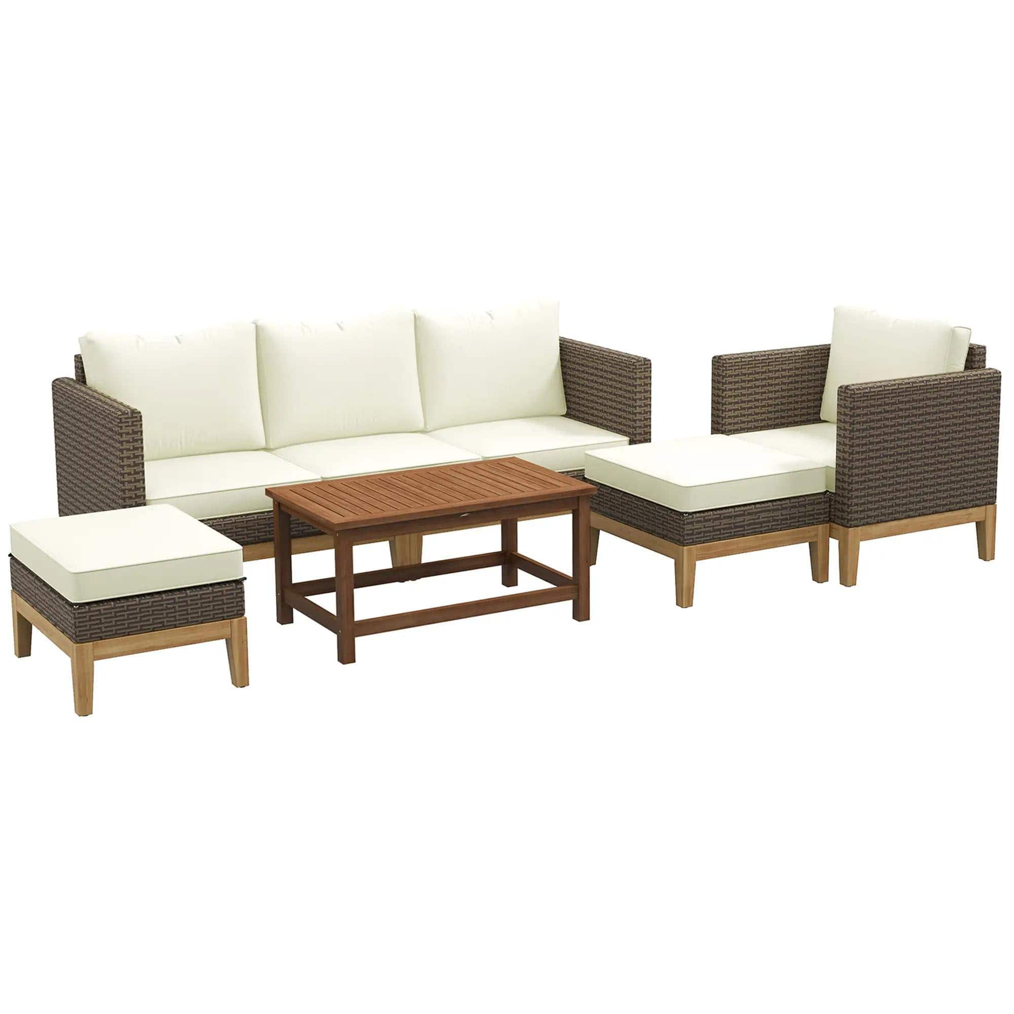 Resenkos - 5-Piece Rattan Sofa Set, Outdoor Sectional Furniture - White