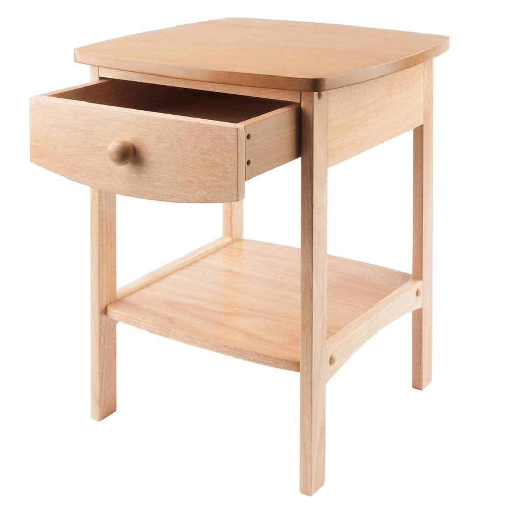 Back. FurniFact - Mid Century Nightstand In Solid Wood Natural Finish With Drawer And Shelf - Natural.