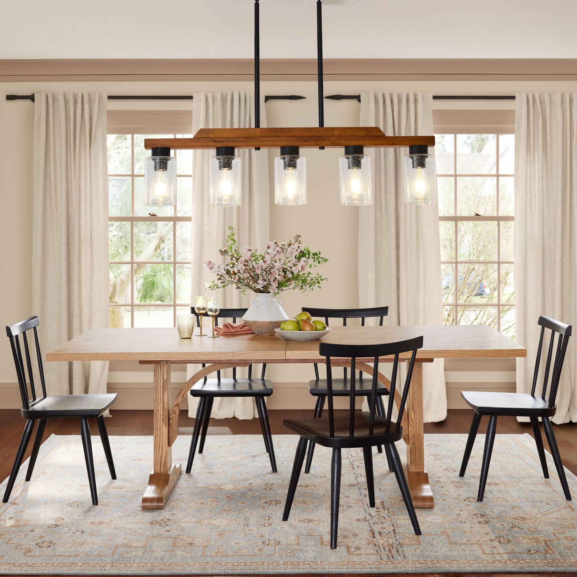 Angle. RYHNUYNE - 5-Light Rustic Chandelier 35 Inch Wood Linear Pendant Light with Seed Glass Shades, Adjustable Farmhouse Island Lighting.