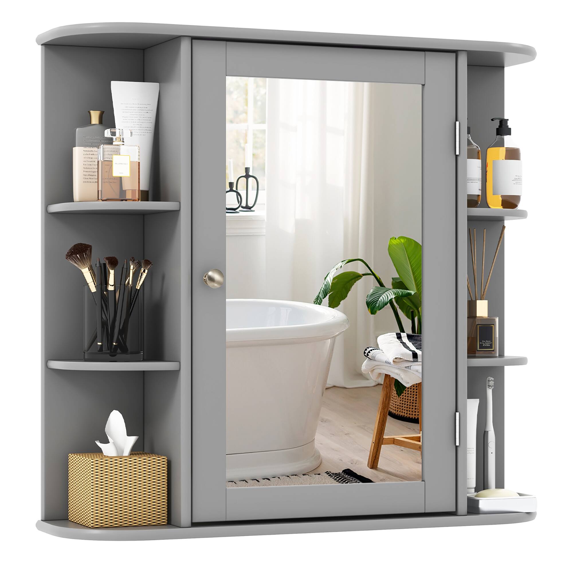 Gymax - Wall Mounted Medicine Storage Cabinet Bathroom Organizer Cupboard W/Mirror - Gray