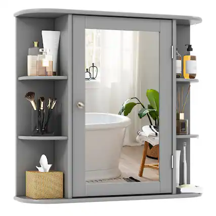 Front. Gymax - Gymax Wall Mounted Medicine Storage Cabinet Bathroom Organizer Cupboard W/Mirror Gray - Gray.
