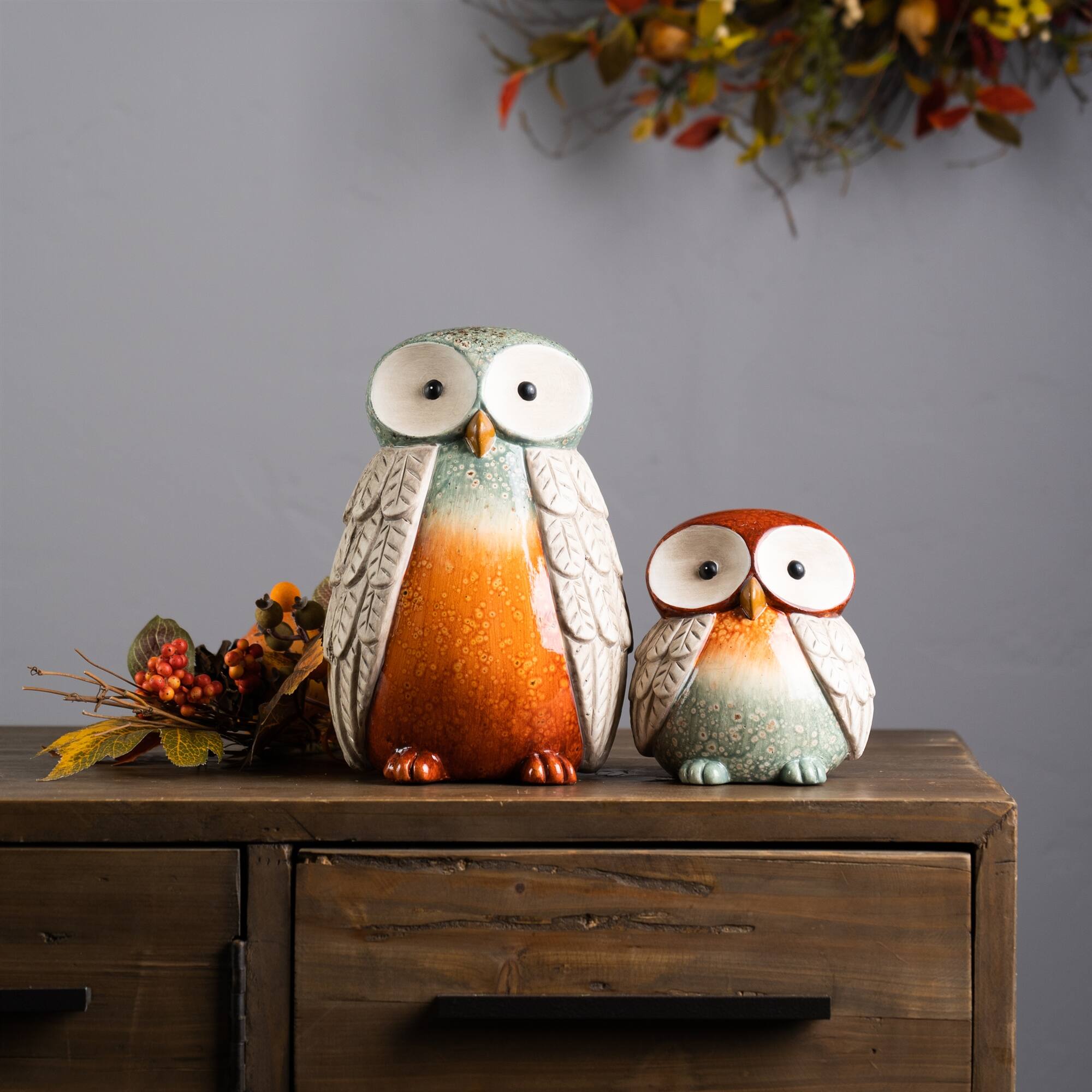 Angle. BreeBe - Terra Cotta Owl Figurine with Glazed Accents (Set of 4) - Orange, Green, Beige.