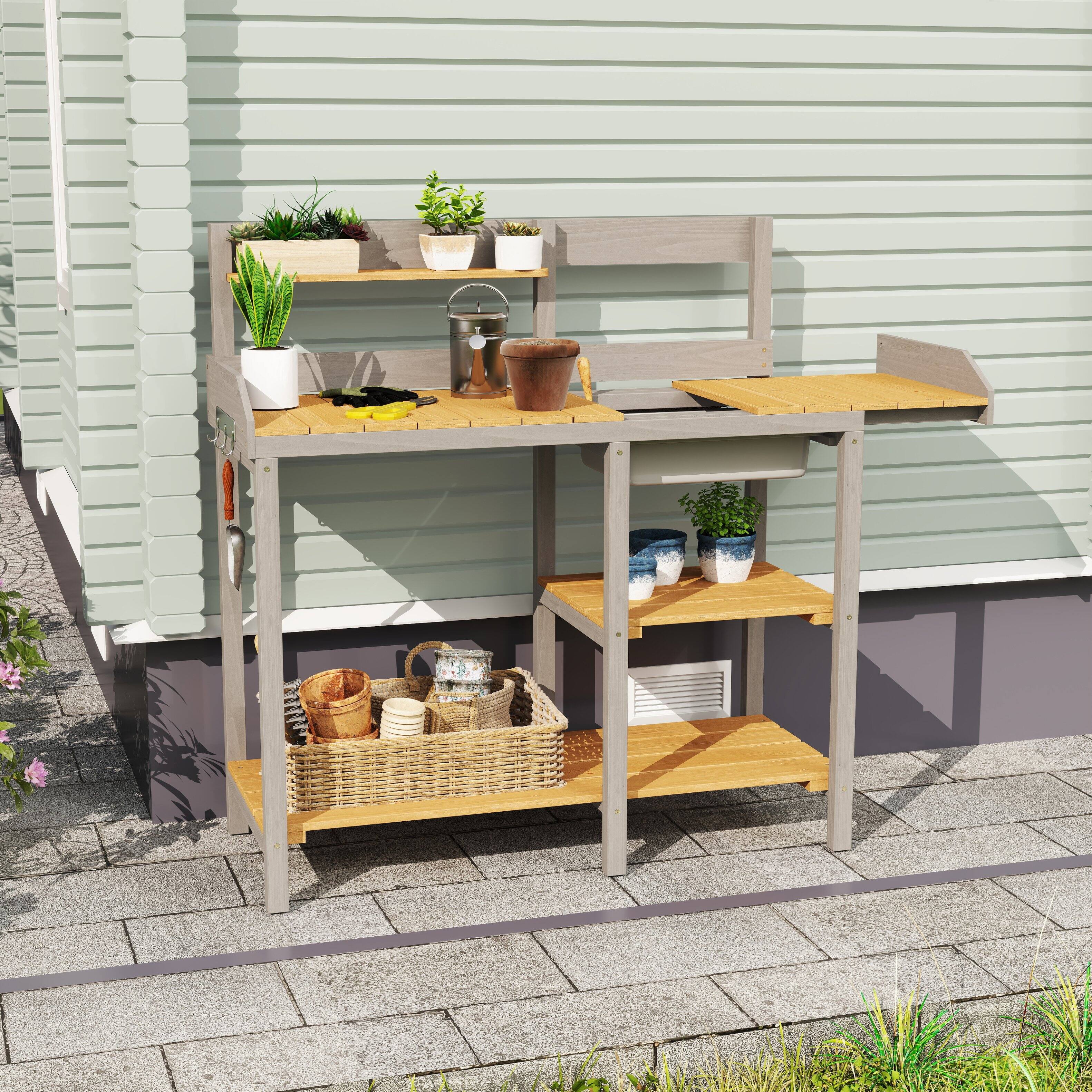 Alt View 2. APRILSOUL - Outdoor Wooden Potting Bench Table With Sink Garden Work Bench Shelf Outside Patio - Grey,Brown.