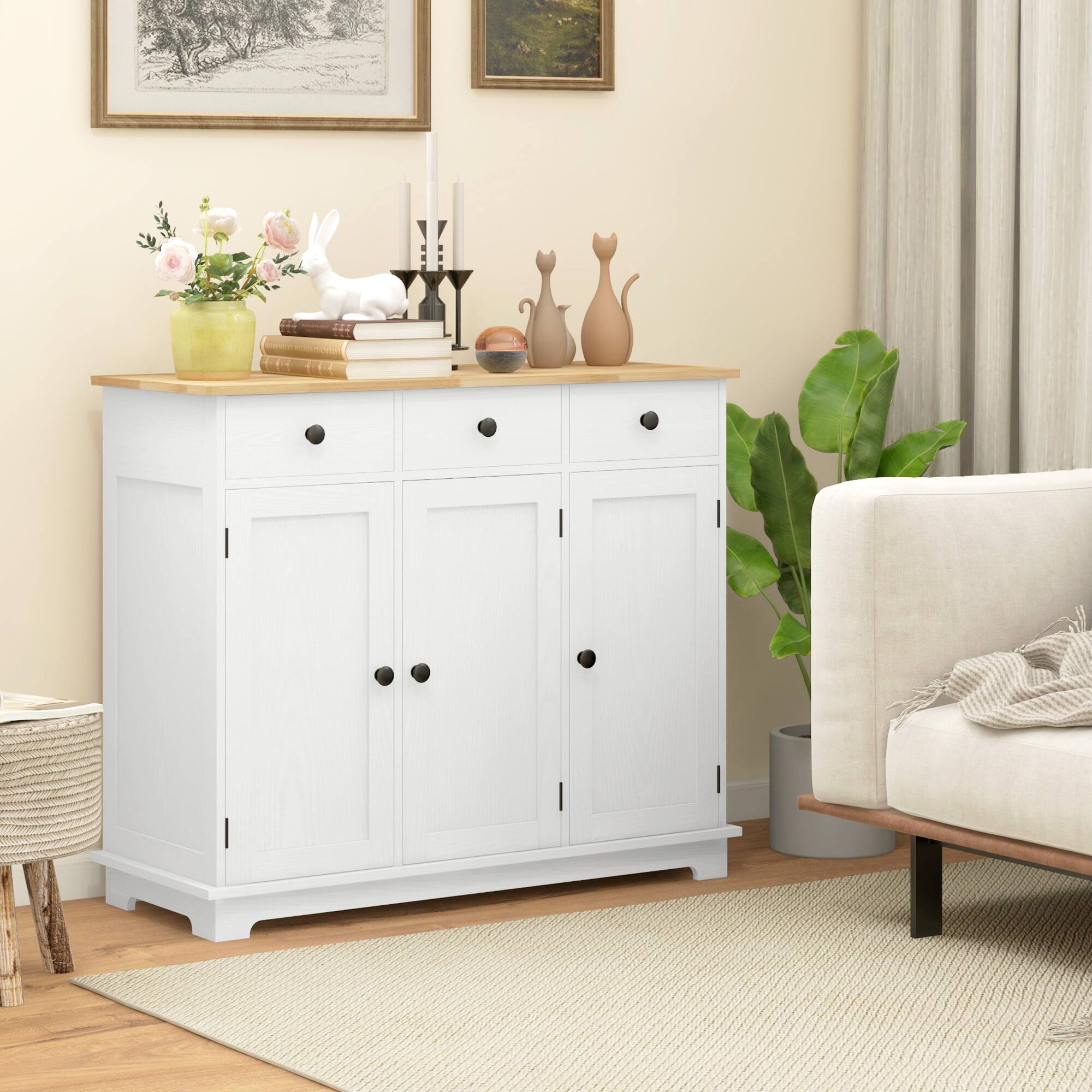Alt View 1. Homcom - Storage Cabinet, Sideboard Floor Cupboard with Solid Wood Top, Adjustable Shelf - Distressed White.