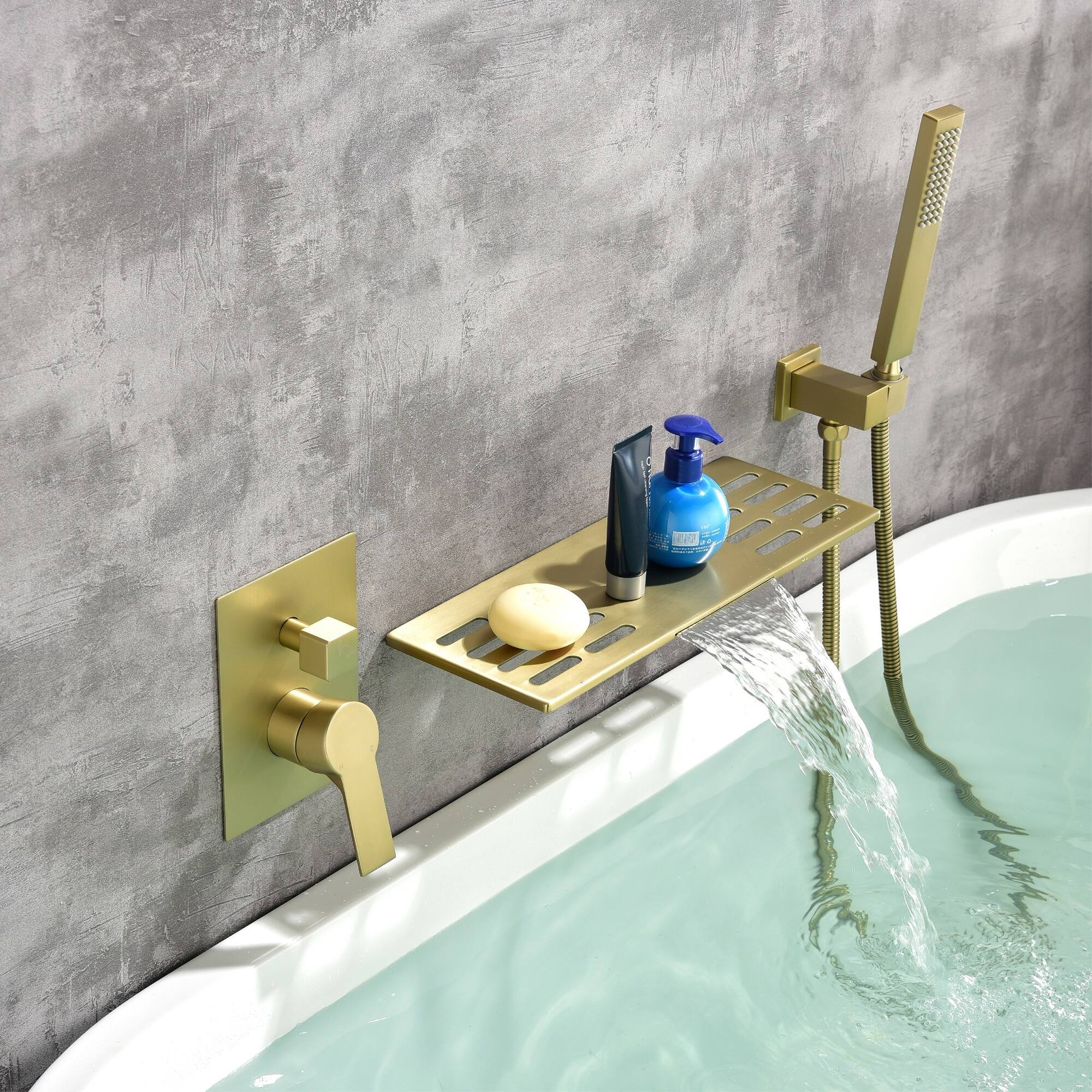 Alt View 2. Boyel Living - Brushed Gold Wall Mount Bathtub Faucet Brass SUS304 2-Function Valve Handheld 60-Inch Steel Hose cUPC - Brushed Gold.