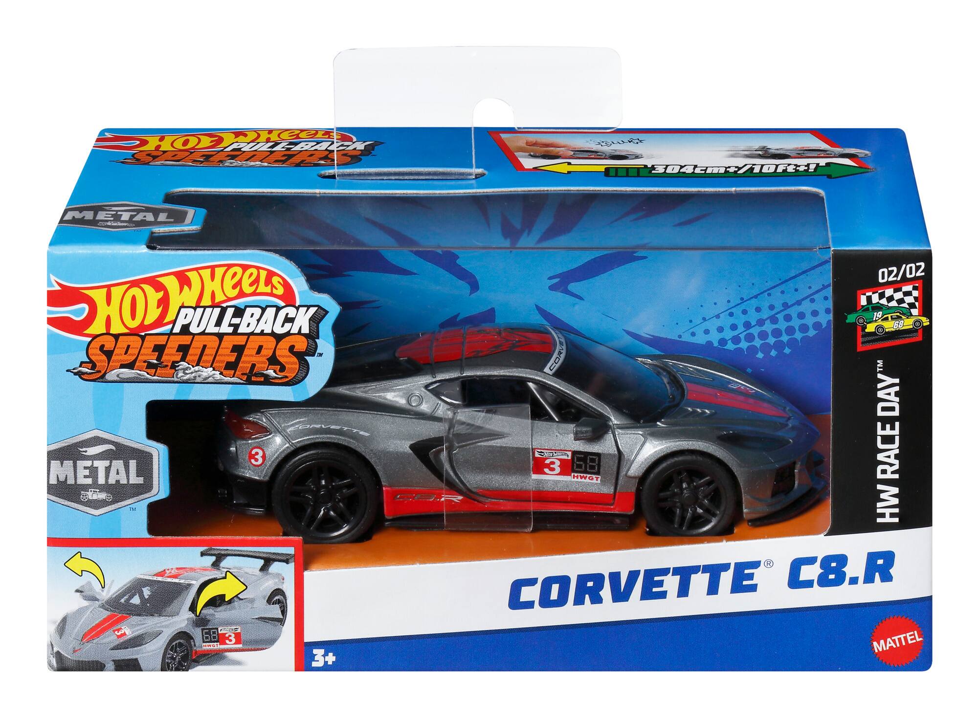 The text on the image reads: "Hot Wheels XOPI SPEEDERS 19+ EE 02/02 KELS HOT PULL-BACK SPEEDERS TM DAY FNET METAL 3+ 3 TOW 68 RACE CB.R HW - CORVETTE C8.R AON 68: 3 MATTEL 3+".