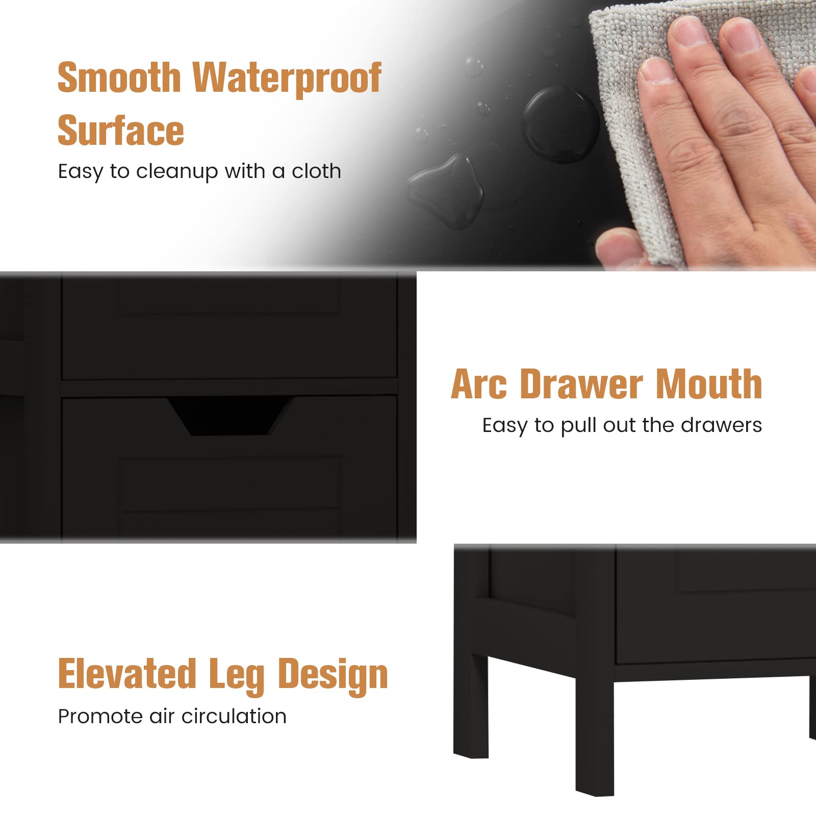 Smooth Waterproof Surface, Arc Drawer Mouth, Elevated Leg Design