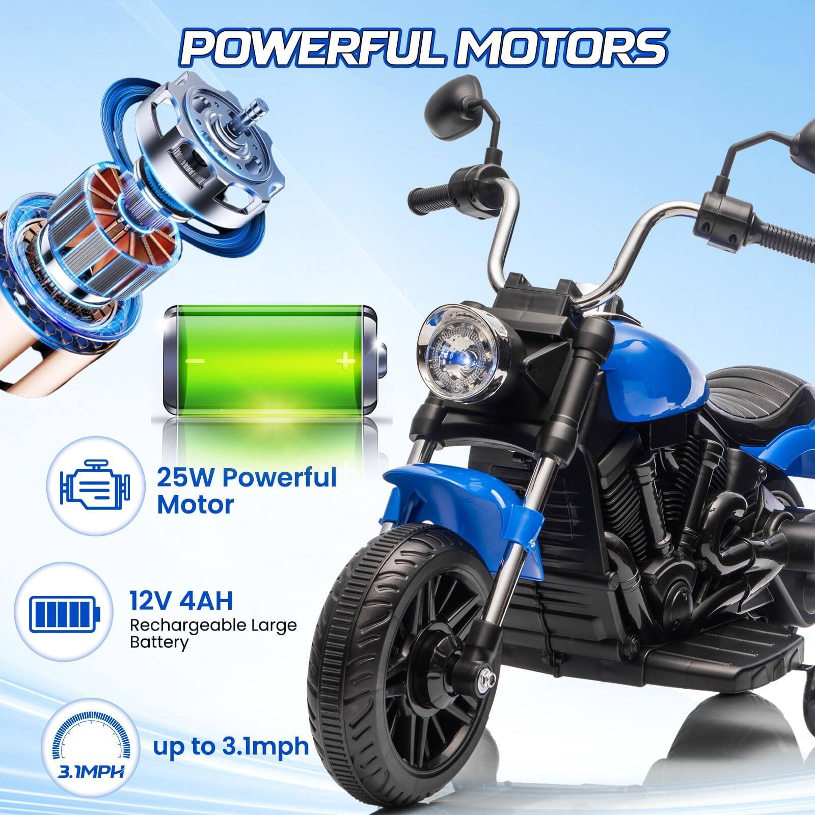 POWERFUL MOTORS

25W Powerful Motor

12V 4AH Rechargeable Large Battery

up to 3.1mph