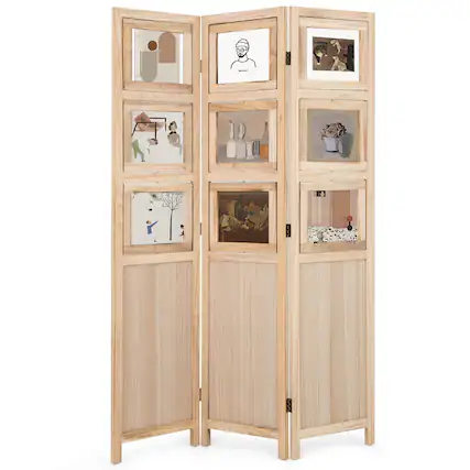 Front. Costway - Costway 67" 3 Panel Room Divider with Paulownia Wood Photo Frames Metal Hinges for Home - Natural.