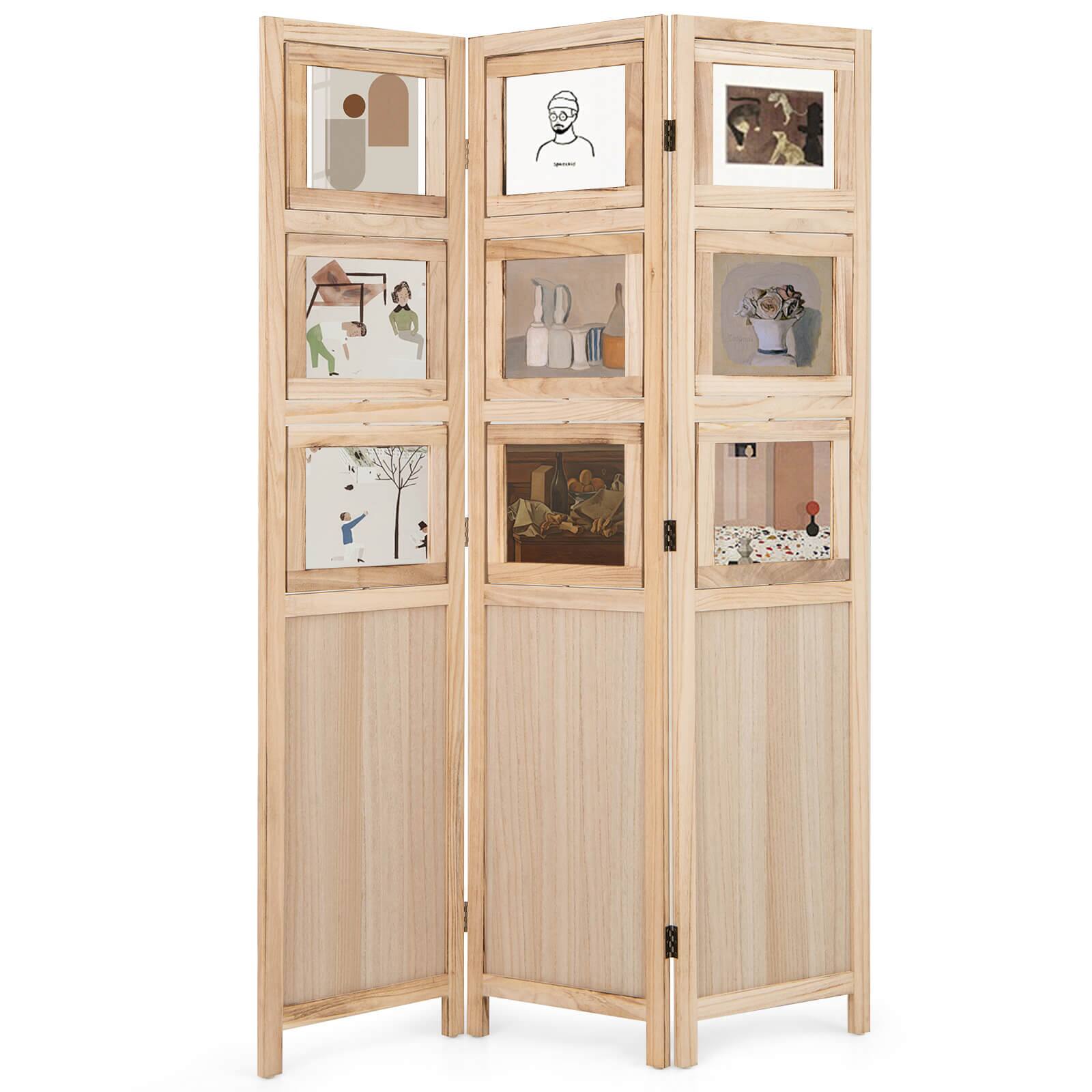 Front. Costway - Costway 67" 3 Panel Room Divider with Paulownia Wood Photo Frames Metal Hinges for Home - Natural.