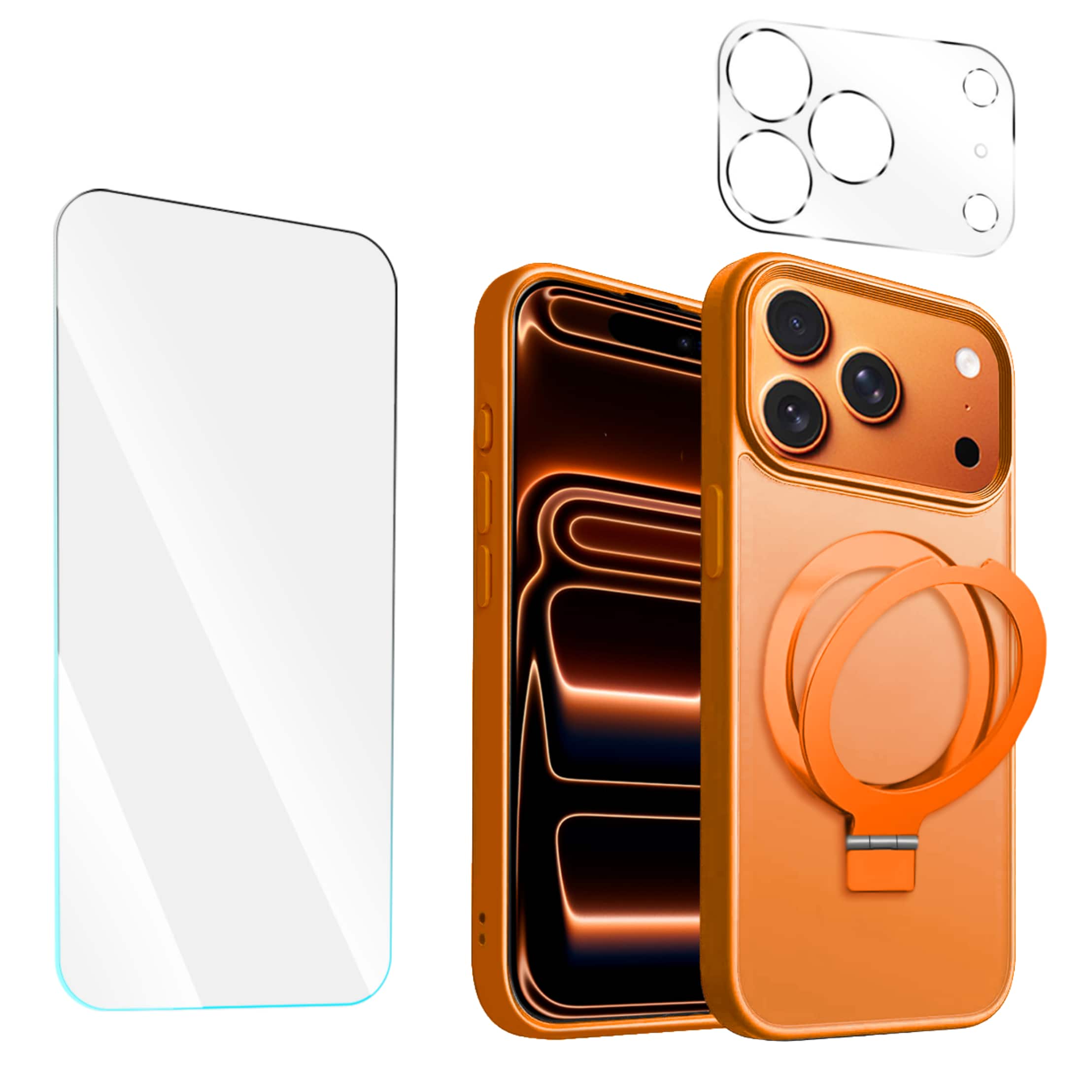 Entronix - Bundle for iPhone 17 Pro - [Magnetic] Translucent Matte Gripstand Case, 1x Screen and Camera Protector - Orange