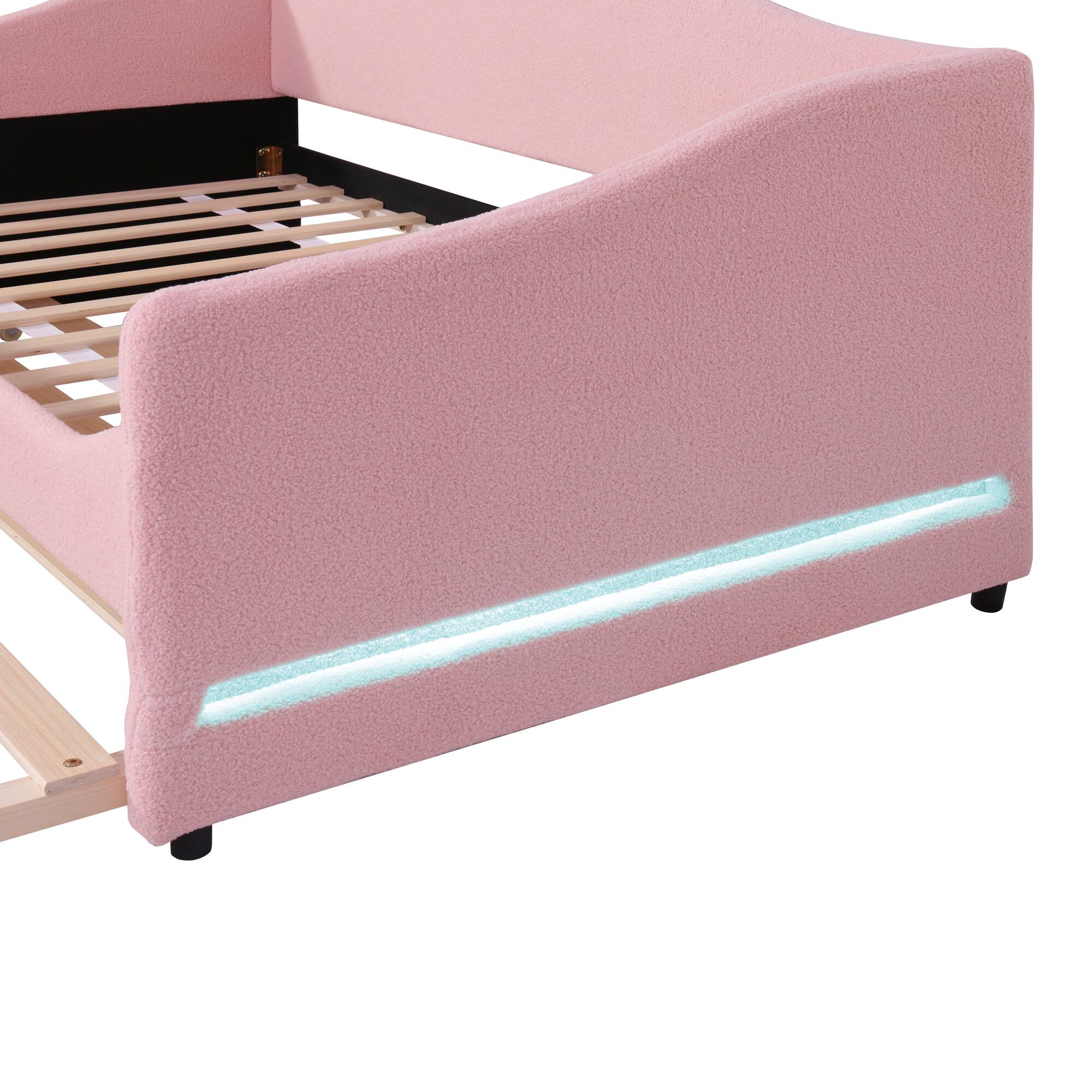 Alt View 9. Tiramisubest - Teddy Fleece Twin Size Upholstered Daybed with Light and Trundle, Pink - Pink.
