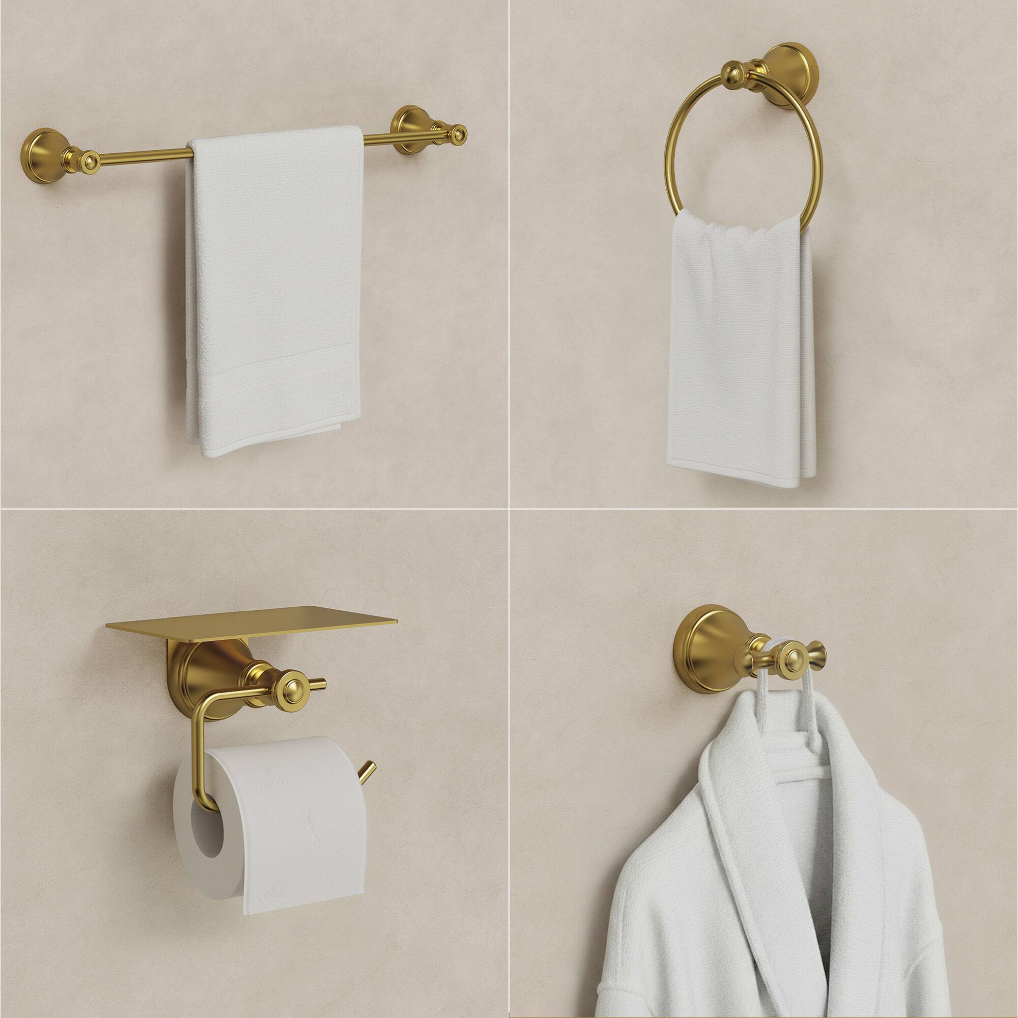 Angle. GRANDJOY - 4-Piece Bathroom Hardware Set with Phone Storage Shelf Toilet Paper Holder & 24 Inch Towel Bar - Brushed Gold.