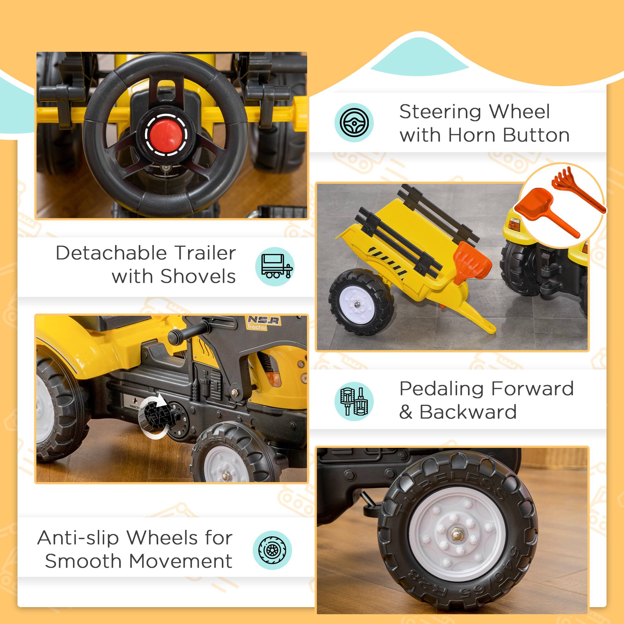 - Steering Wheel with Horn Button
- Detachable Trailer with Shovels
- Pedaling Forward & Backward
- Anti-slip Wheels for Smooth Movement