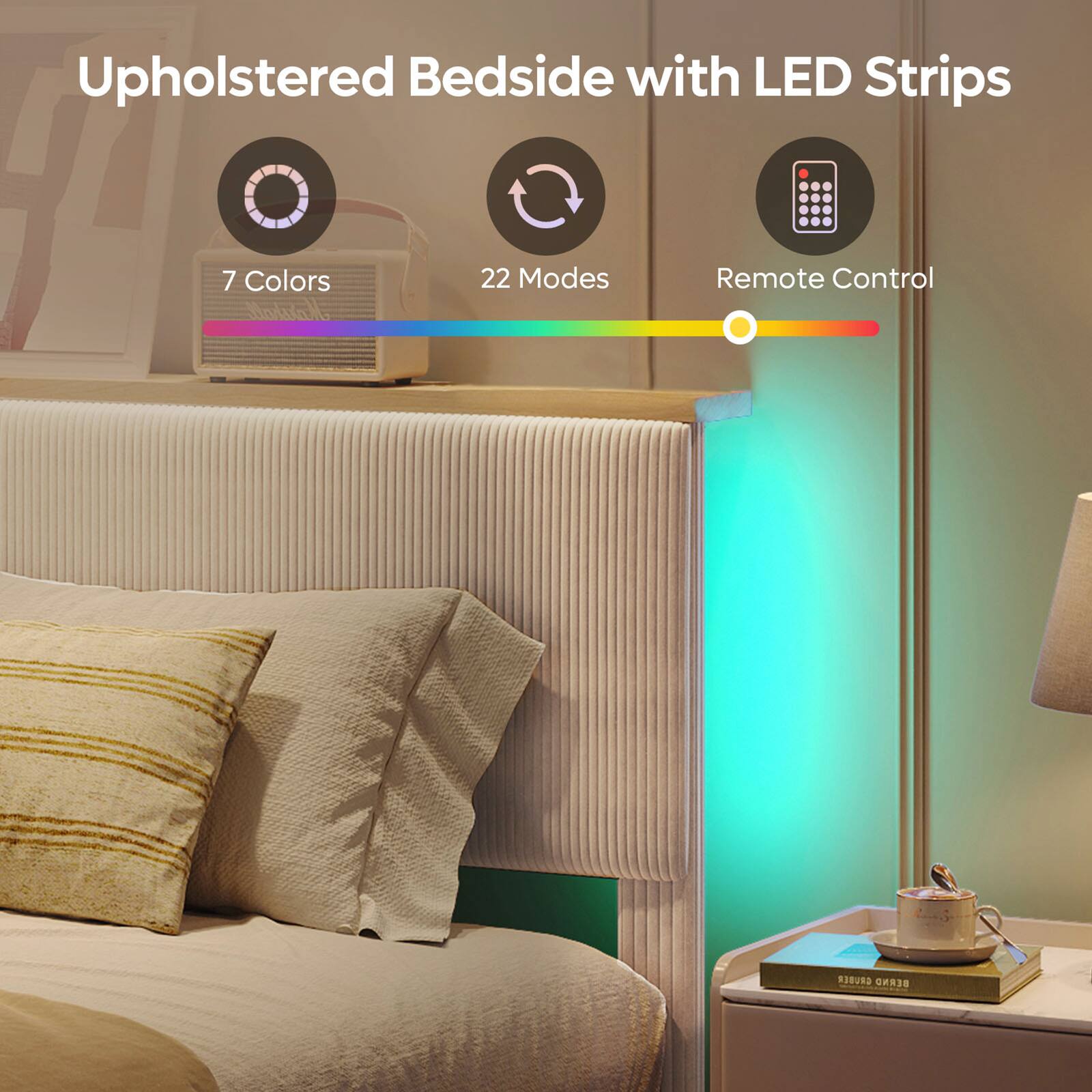 Upholstered Bedside with LED Strips

7 Colors
22 Modes
Remote Control

GRUBER BERND