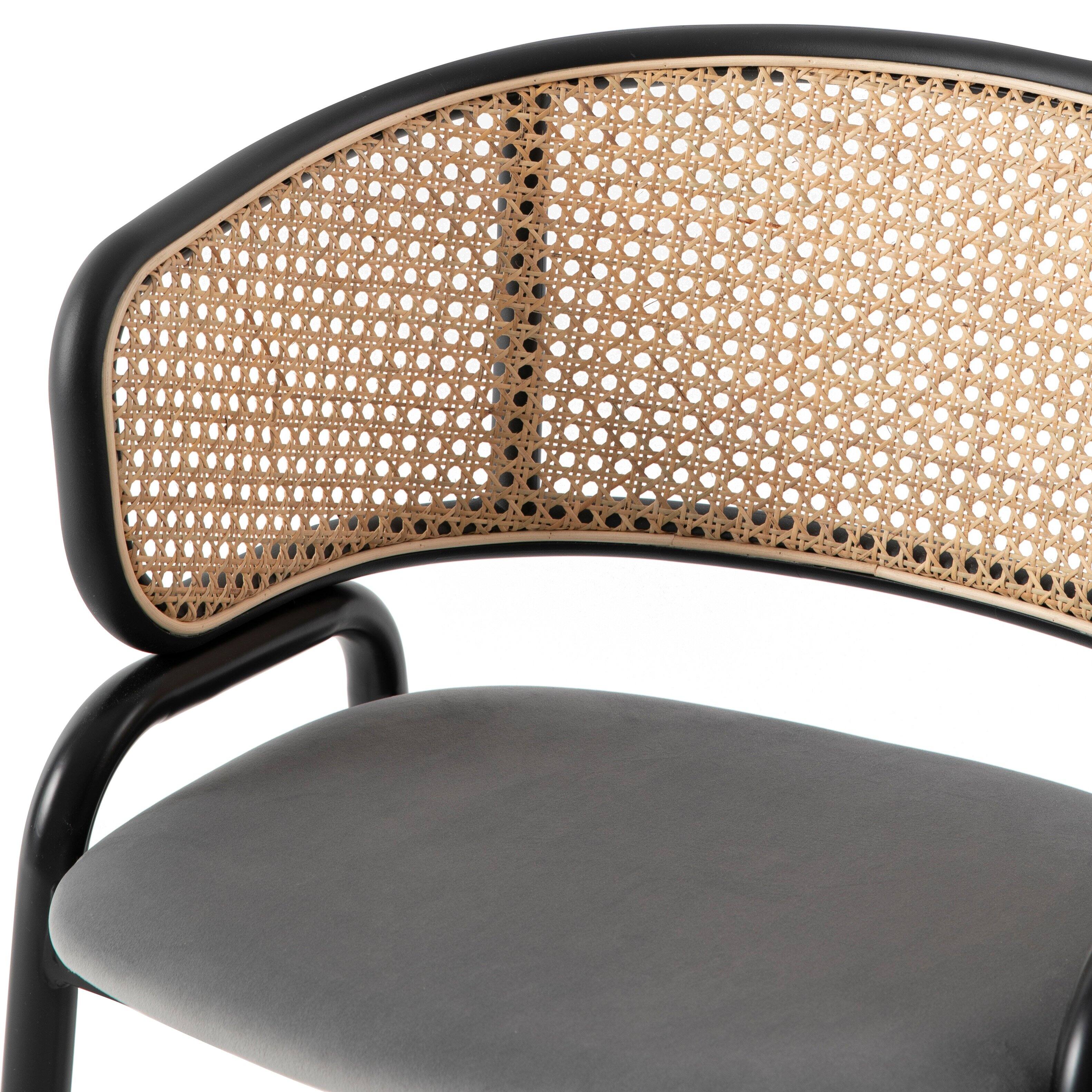 Alt View 3. LeisureMod - Ervilla Mid-Century Modern Dining Arm Chair, Velvet Upholstered Seat with Rattan Back & Metal Base - Navy Blue.