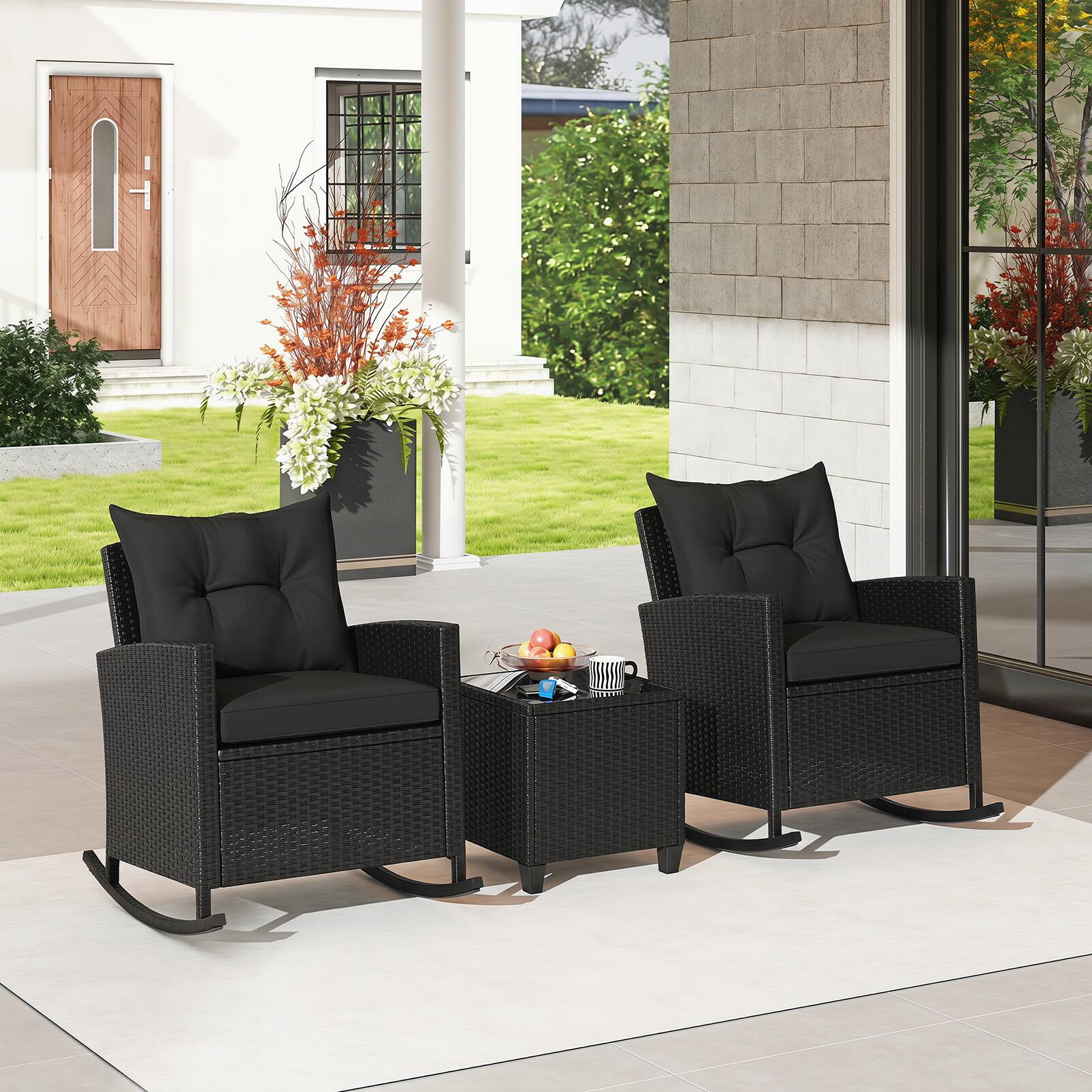 Alt View 1. Gymax - Gymax Set of 3 Patio Wicker Rocking Set w/ Tempered Glass Table & Soft Cushions Outdoor - Black.