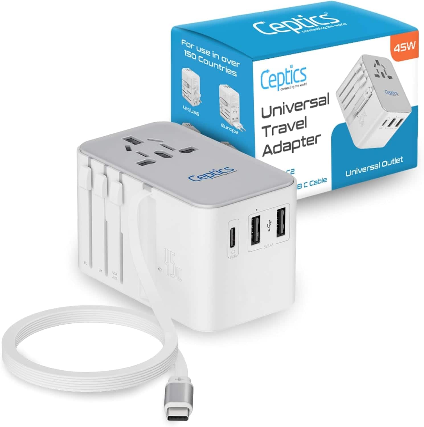 Ceptics - 5 in 1 International Travel Adapter with PD 45W Retractable USB-C Cable 65cm, 2X USB-A 2.4A - White price history on PriceWatchPro