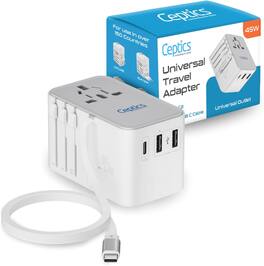 Ceptics - 5 in 1 International Travel Adapter with PD 45W Retractable USB-C Cable 65cm, 2X USB-A 2.4A - White