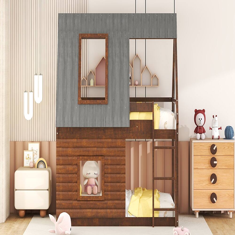 Alt View 2. Loheer - Loheer Wood Twin Over Twin House Bunk Bed with Roof and Windows Oak - Oak & Smoky Grey.