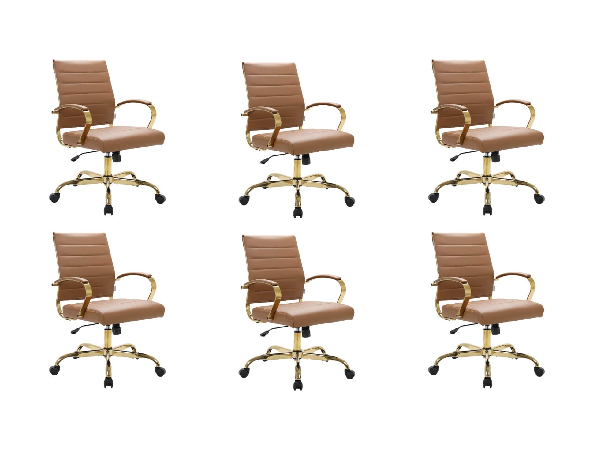 LeisureMod - (Set of 6) Benmar Ergonomic Leather Office Chair with Chrome Gold Steel Frame and Cushioned Armrests for Home Office - Brown