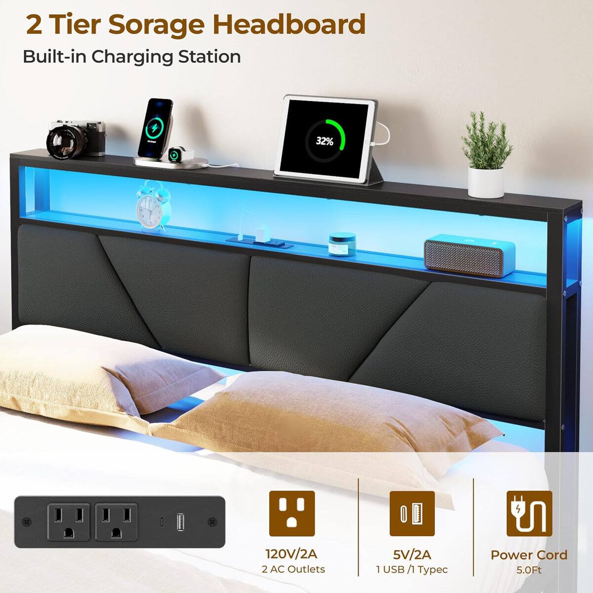 2 Tier Storage Headboard Built-in Charging Station  
32%  
120V/2A 2 AC Outlets 5V/2A 1 USB /1 Typec  
Power Cord 5.0Ft