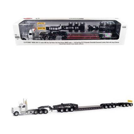 1:54 PETERBILT™ MODEL 589 (131 inches - BBC Day Cab Tridem-Axle Truck Tractor (WHITE color) + 1:54 Irail King TK170 Hydraulic Detachable Gooseneck Lowboy Trailer with Jeep & Booster COLLECTIBLE DIECAST SCALE MODEL REPLICA